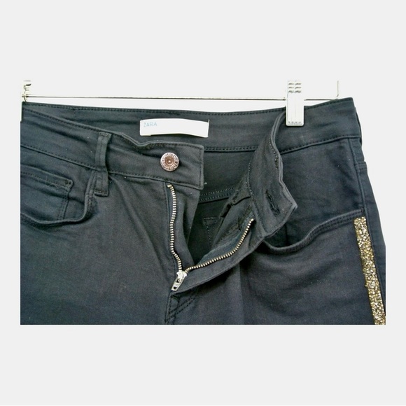 Zara Women's High Rise Denim 🖤 Black with Gold and Gunmetal Accent Rhinestones 💖 - Picture 1 of 11